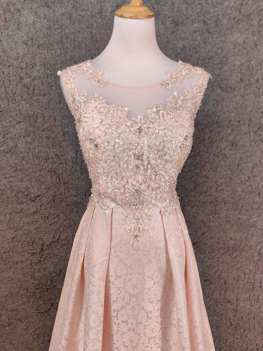 Elegant Pink A-Line Sleeveless Crew Neck Lace Rhinestone Brocade Satin Long Prom Dress Evening Dress P4658