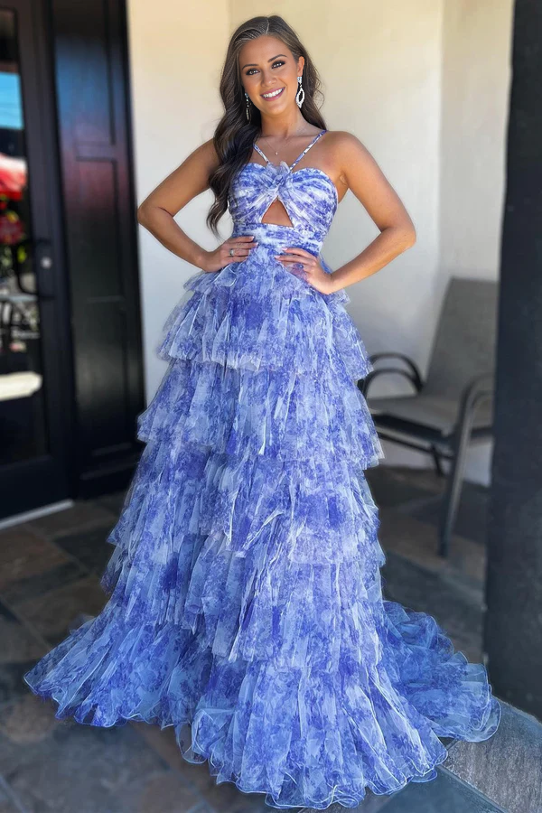 omberprom Blue Print Halter Keyhole Ruffle Tiered Long Prom Dress