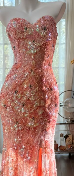Vintage Coral Sequin Strapless Mermaid Evening Gown TP5178