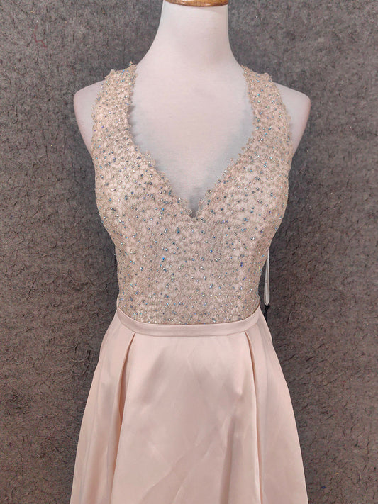 Elegant Pink Halter Neck V-Neck Rhinestone Lace Satin Long Prom Dress Evening Dress P4662