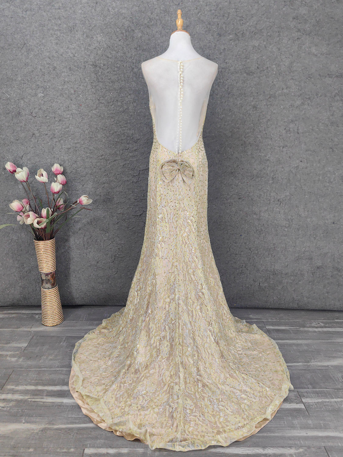 Luxurious Champagne Gold Crew Neck Rhinestone Lace Train Prom Dress Evening Dress P4663