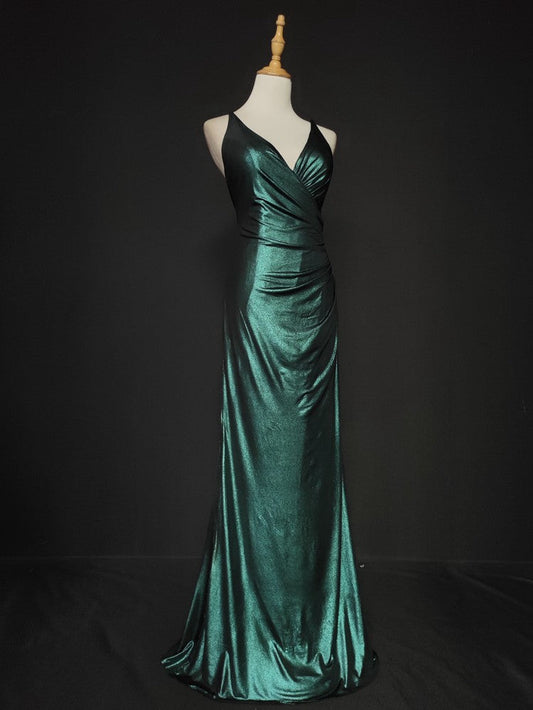 Elegant Green Spaghetti Strap V-Neck Ruffled Satin Long Prom Dress Evening Dress P4667