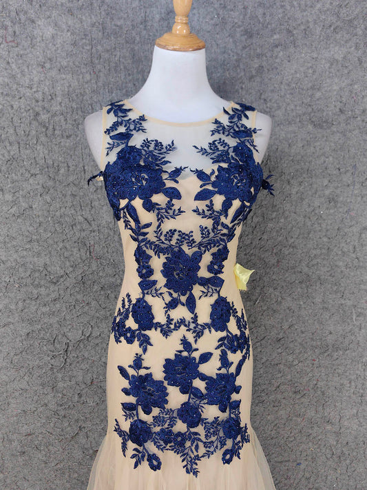 Vintage Cream Navy Mermaid Crew Neck Sleeveless Embroidered Tulle Long Prom Dress Evening Dress P4668