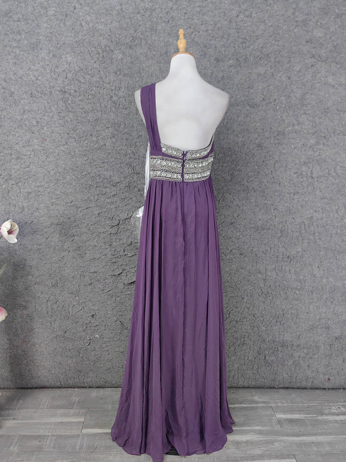 Charming Purple One-Shoulder Square Neck Rhinestone Beaded Chiffon Long Prom Dress Evening Dress P4669