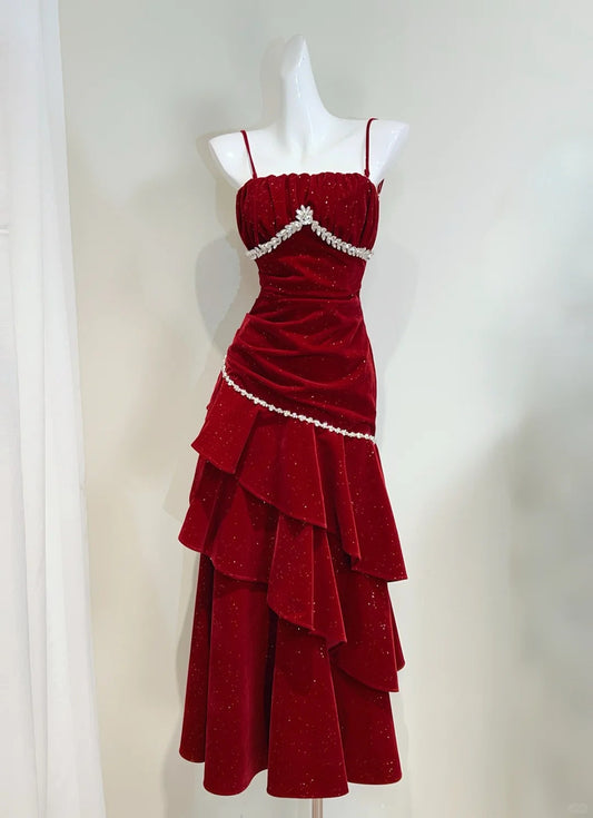 Vintage Burgundy Mermaid Spaghetti Strap Ruffle Velvet Prom Dress Evening Dress P4067