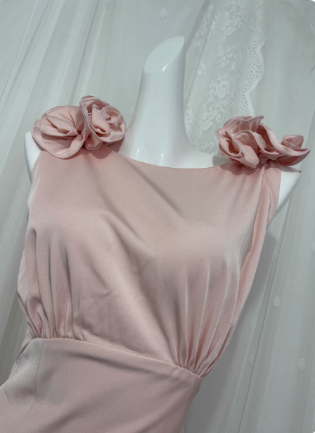 Elegant Pink Sleeveless 3D Floral Crew Neck Satin Long Prom Dress Evening Dress P4676