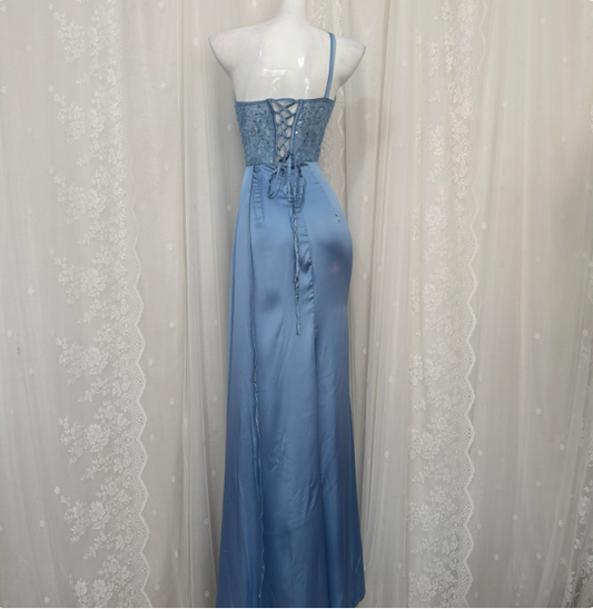 Elegant Blue Mermaid One-Shoulder Sequin Beaded Long Prom Dress Evening Dress P4679