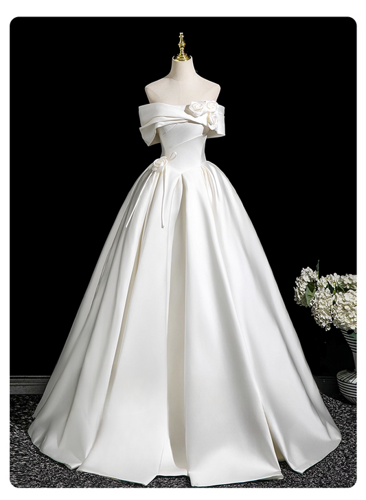 Glamorous White Satin 3D Flowers Wedding Dress A-Line Off-the-shoulder Bridal Gown TP5211