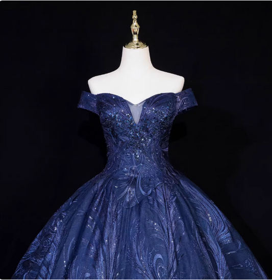Vintage Navy Blue Off-the-Shoulder Beaded Embroidered Tulle Prom Dress Evening Dress P4680