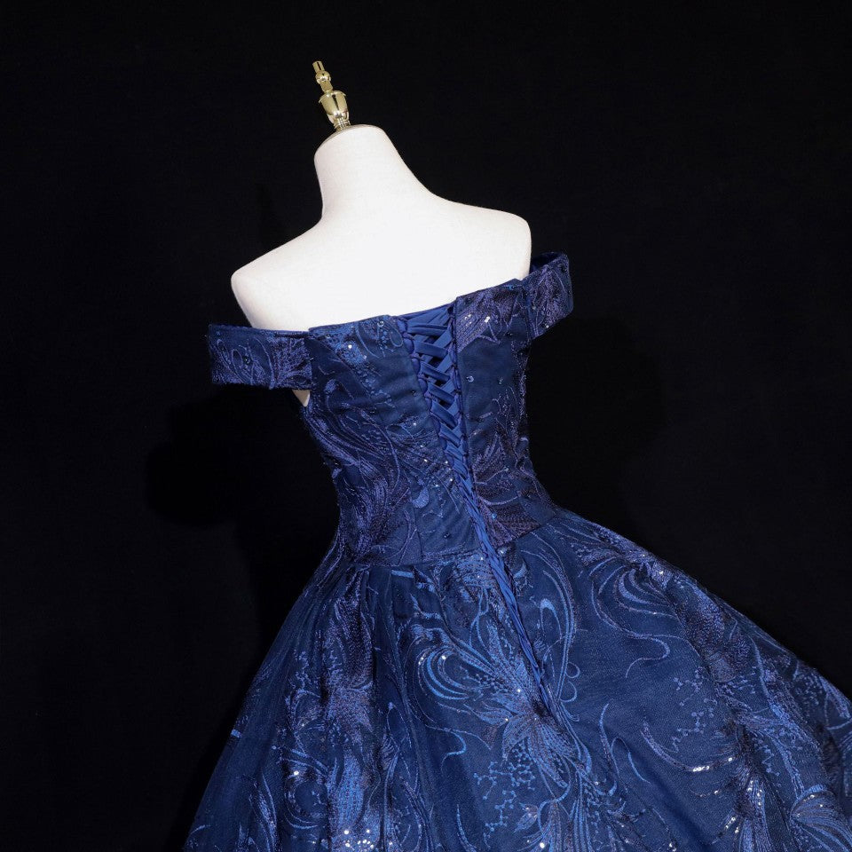 Vintage Navy Blue Off-the-Shoulder Beaded Embroidered Tulle Prom Dress Evening Dress P4680