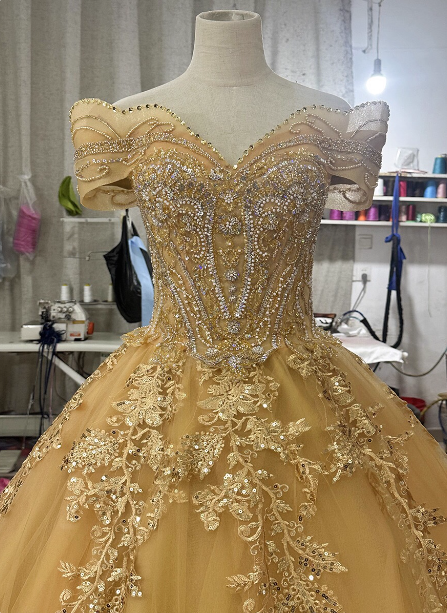 Royal Champagne Gold Off-the-Shoulder Beaded Embroidered Tulle Long Prom Dress Evening Dress P4683