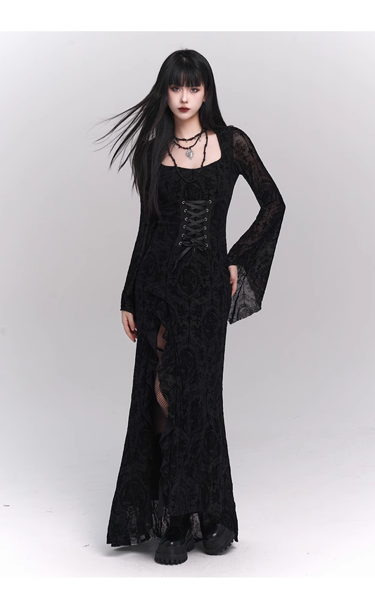 New Gothic Style Fashion Bell Sleeve Design Sense Long-sleeved Split Dress TP2931