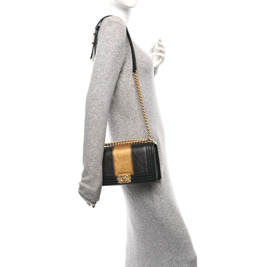 Metallic Glazed Calfskin Medium Boy Flap Black Gold