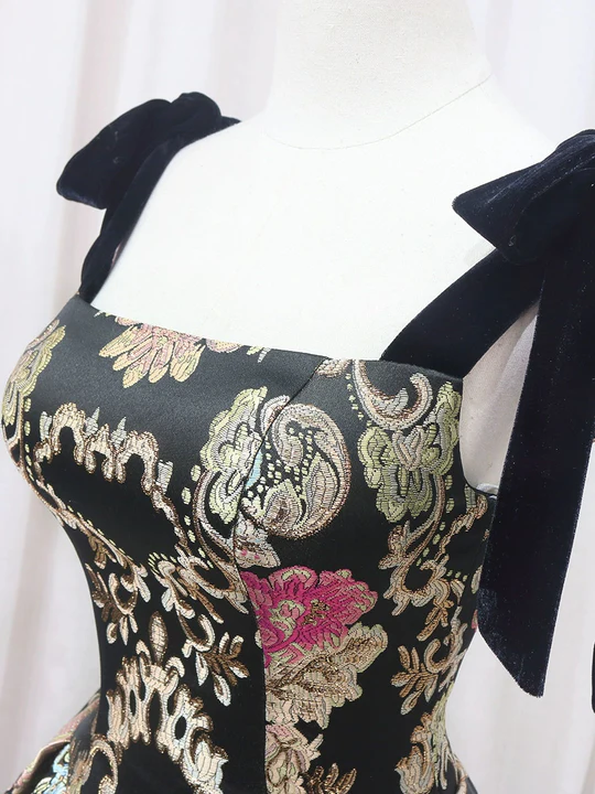 Vintage Floral Applique Spaghetti Strap Design A-line Satin Party Dress Homecoming Dress TP4074