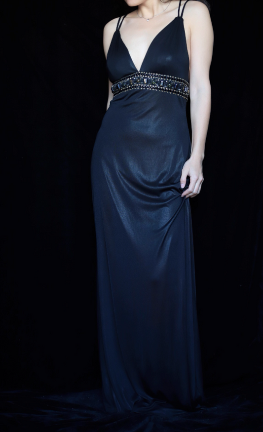 Sexy Black Spaghetti Strap V-Neck Cross Backless Satin Long Prom Dress Evening Dress P4694