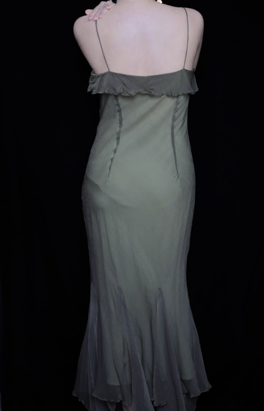 Elegant Green Spaghetti Strap Mermaid Ruffle Sequin Chiffon Long Prom Dress Evening Dress P4697