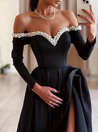 omberprom A-Line Sexy Evening Dress Formal Prom Dress Sweep/Brush Train Long Sleeve Off Shoulder Satin with Pearls Slit