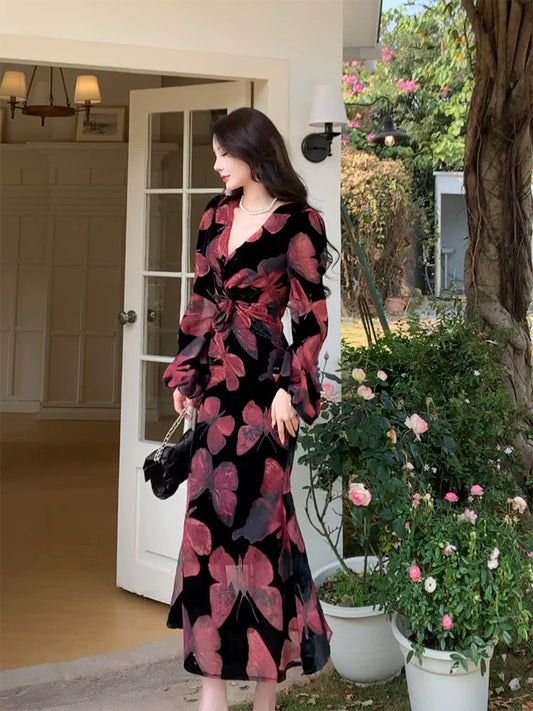 Retro velvet butterfly dress elegant V-neck long party dress S6105
