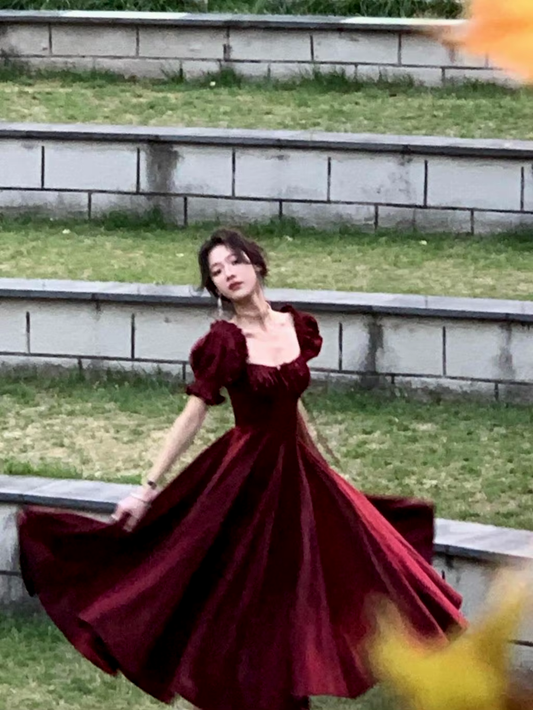 Women's Burgundy Evening Party Dress, Summer Elegant Romantic Prom A-line Graduation Dresses S5444