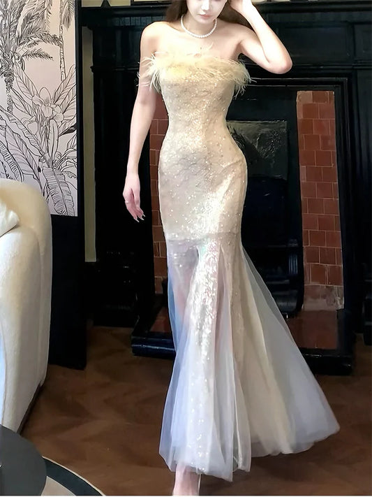 Feather strapless mermaid dress long party dress S6033
