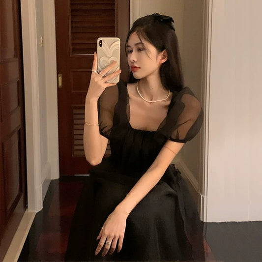 Princess Black Mesh Square Neck Puff Sleeve Dress S5795