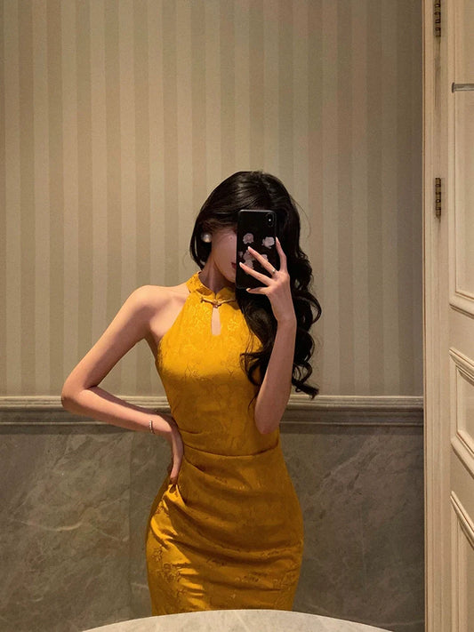 Gold jacquard long new halter neck slit cheongsam dress S5659
