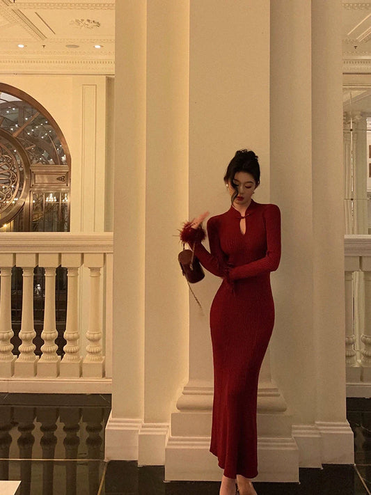 Red cheongsam style knitted dress winter new Chinese style long party dress S5633
