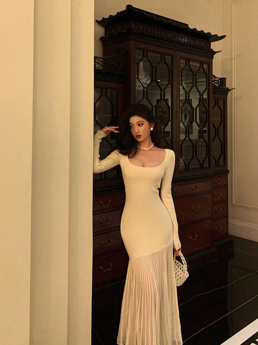 French U-neck knitted dress for women new style party dress S5660