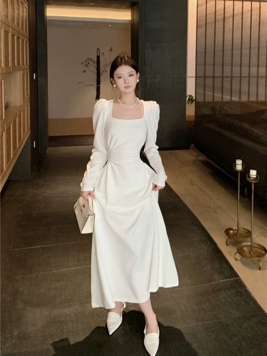 Square neck white long-sleeved dress for women birthday dress engagement dress S5881