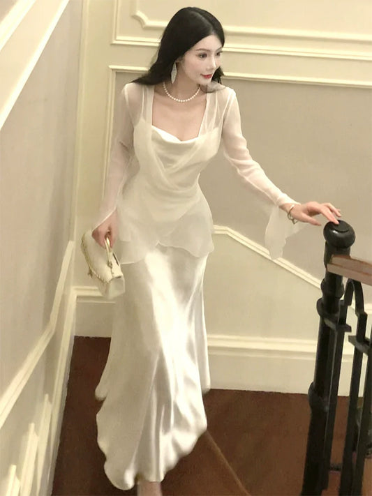 cardigan long sleeve jacket top satin long dress S6011