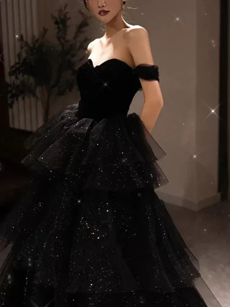 Off-Shoulder Dress, Elegant Black Evening Gown for Prom or Wedding S6416