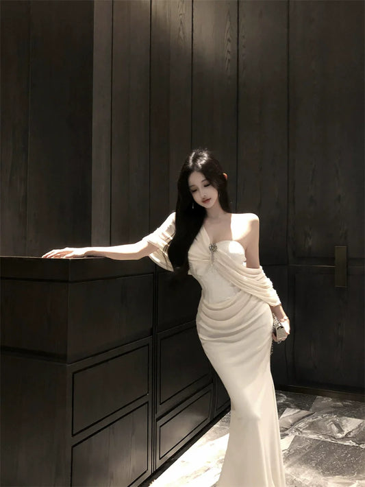 Apricot sleeveless dress for women mermaid long party dress S5904