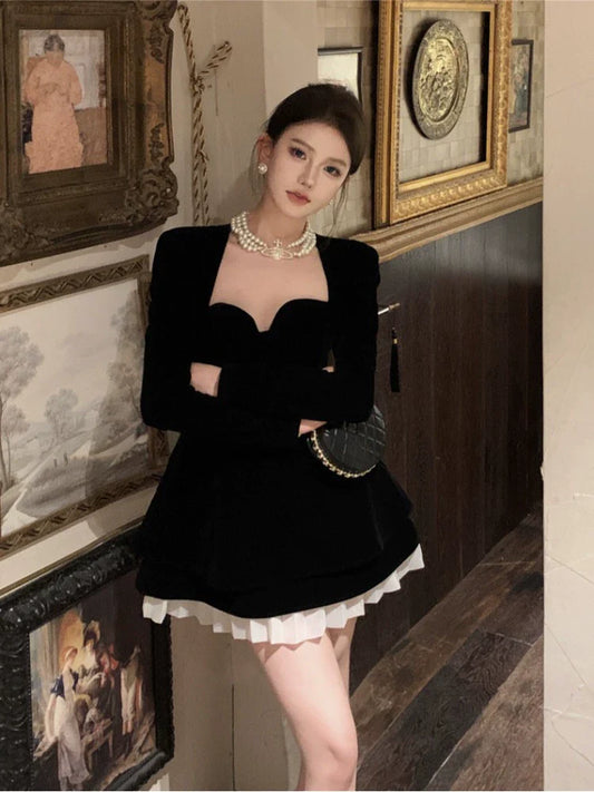 Black velvet long-sleeved dress for women banquet dress short party dress S5878