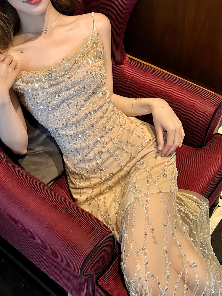 Heavy diamond suspender dress mermaid long party dress S6159