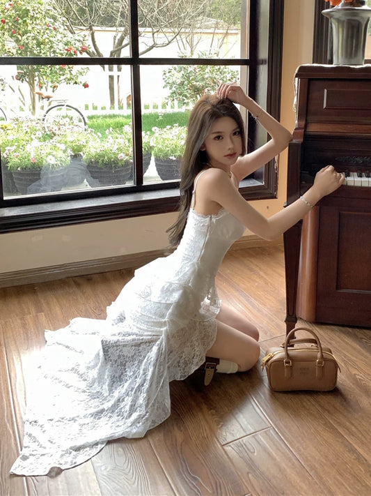 Lace V-neck dress for women irregular white beautiful mid-length party dress S5909