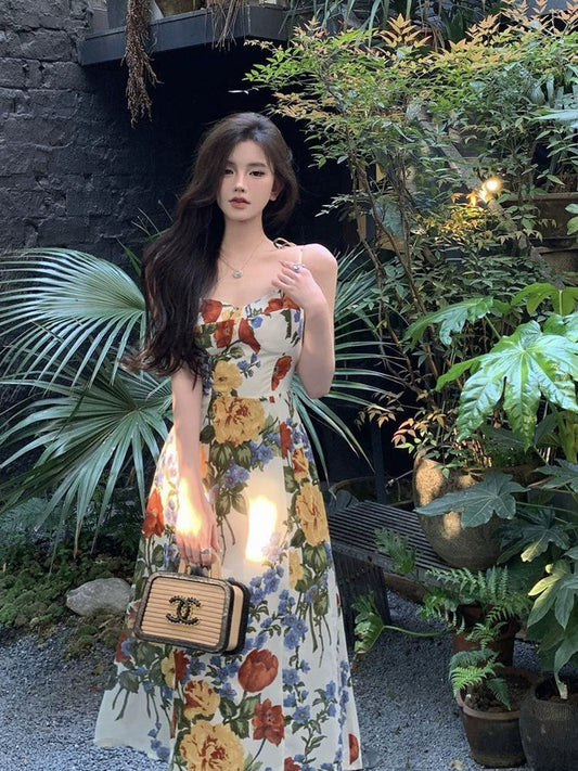 Seaside vacation floral suspender dress summer new slit long party dress S5808