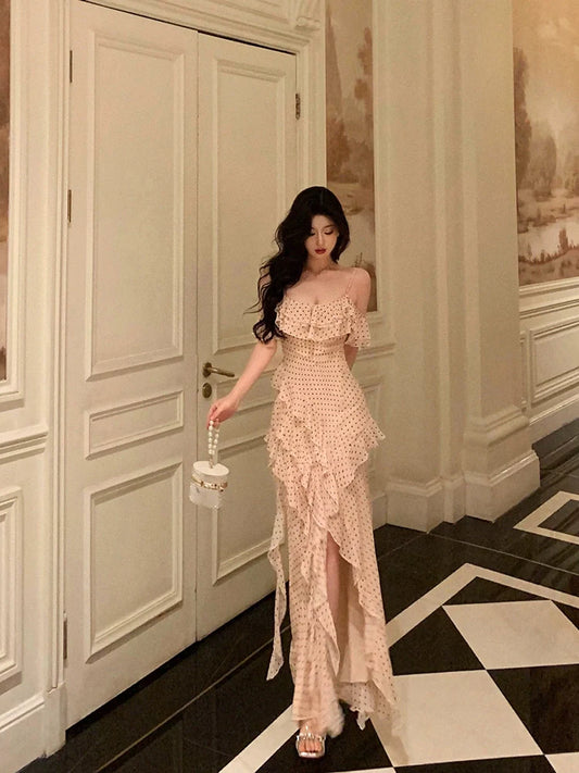Ruffled polka dot suspender dress for women summer new irregular long party dress S5654
