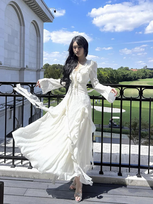 v-neck dress long sleeves ruffled dress S6151