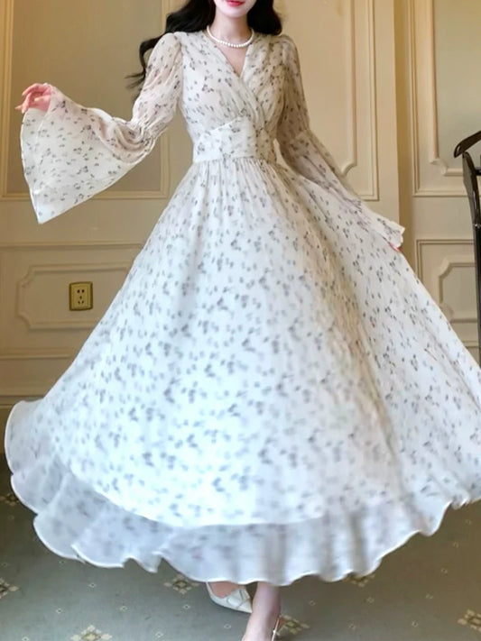 New V-neck long-sleeved chiffon floral dress S6156