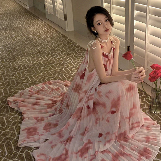 Pleated beautiful suspender dress new style gradient long dress S5797