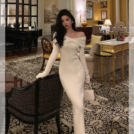 Off-shoulder knitted dress for women winter new party dress S5638