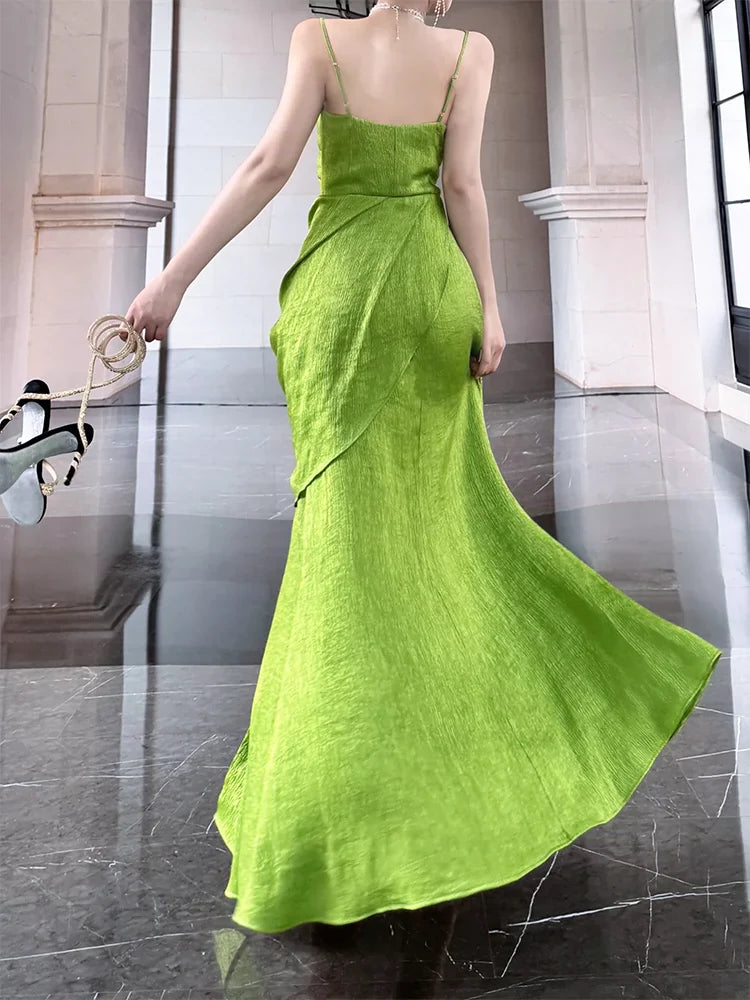 green chic suspender dress seaside holiday long dress S6139