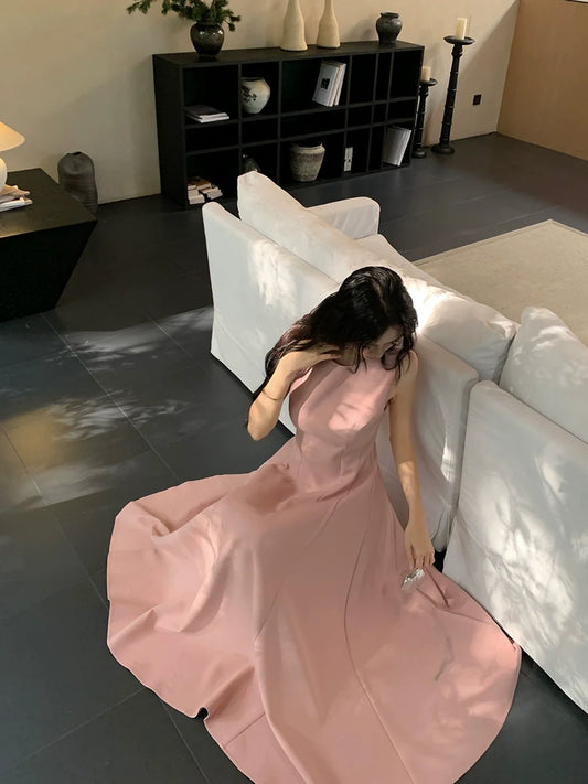 White dress for women summer round neck sleeveless A-line long party dress S5917