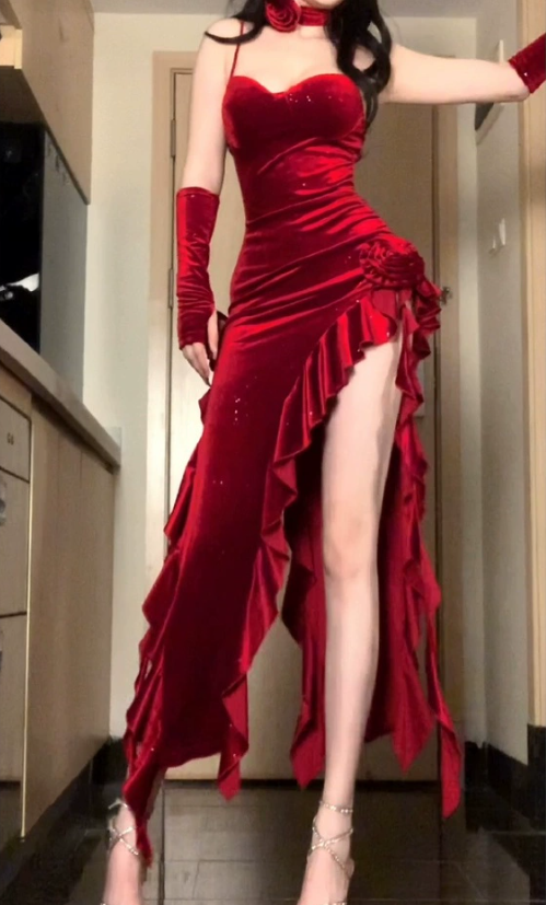 Red dress women's velvet suspender skirt irregular sexy birthday evening dress S5457