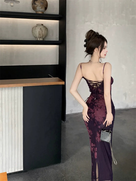 Purple printed dress for women summer lace slit sexy long party dress S5907