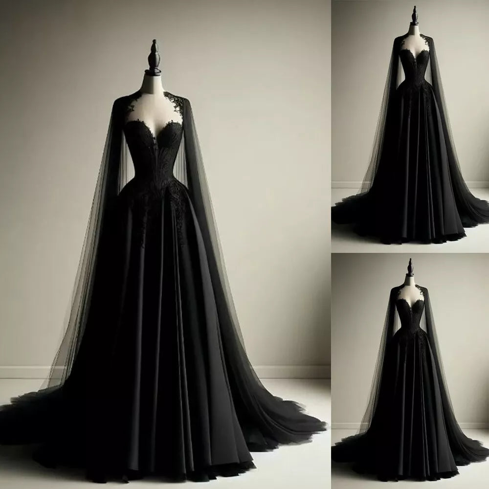 Black Tulle Evening Dress with Cape Sleeves Elegant Women Luxury Formal Party Gowns S6396