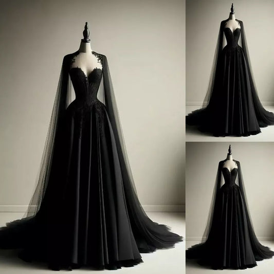 Black Tulle Evening Dress with Cape Sleeves Elegant Women Luxury Formal Party Gowns S6396