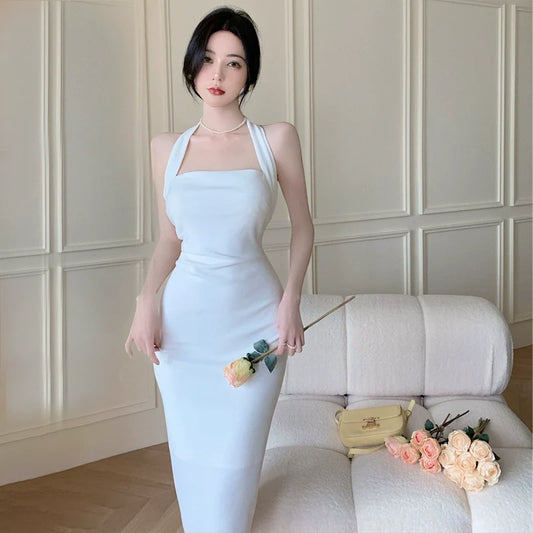 Retro chic dress women's sexy halter neck white dress S5785