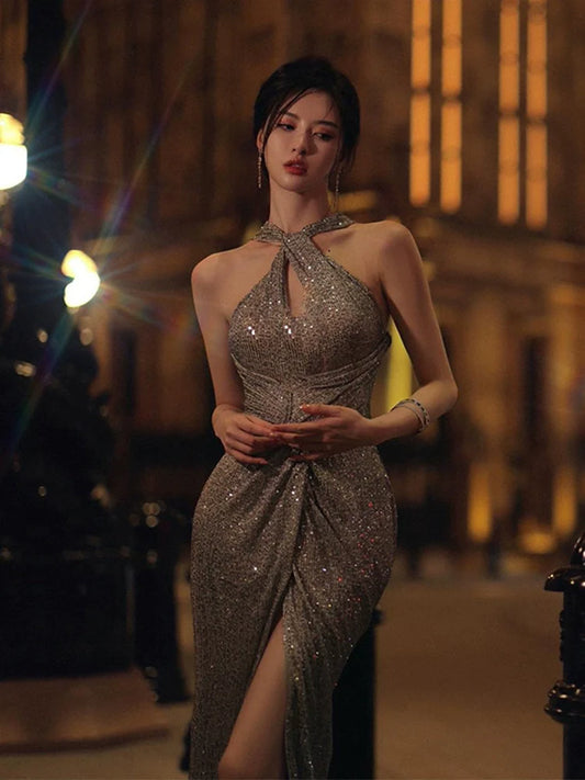 Evening dress sequins sexy halter neck suspender dress S5826