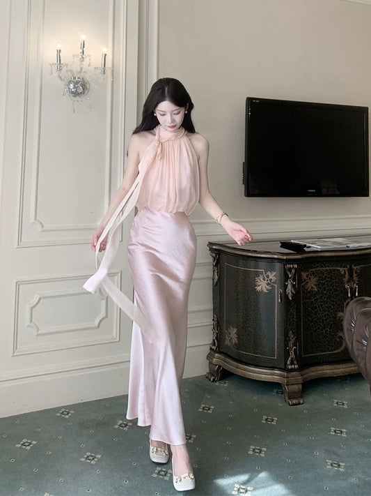 Silk satin mermaid halter neck dress long evening gown S5982